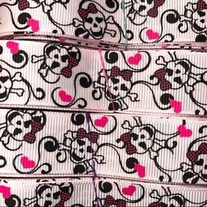grosgrain Ribbon 7/8” NEW 5 yards beauty skulls checkers hot pink bow scrolls